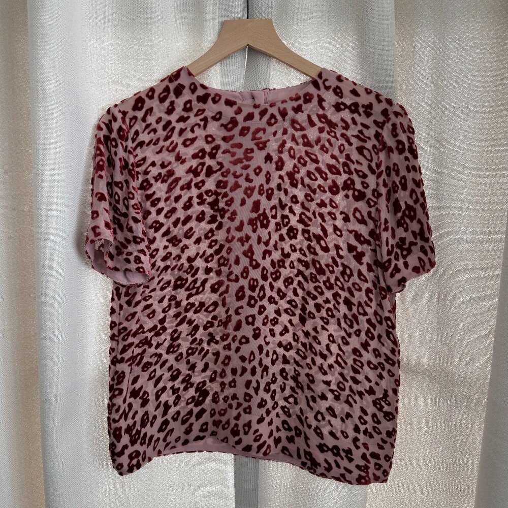 Rag & Bone Gia Silk Blend Burnout Velvet Leopard Tee Pink/Burgundy Size S